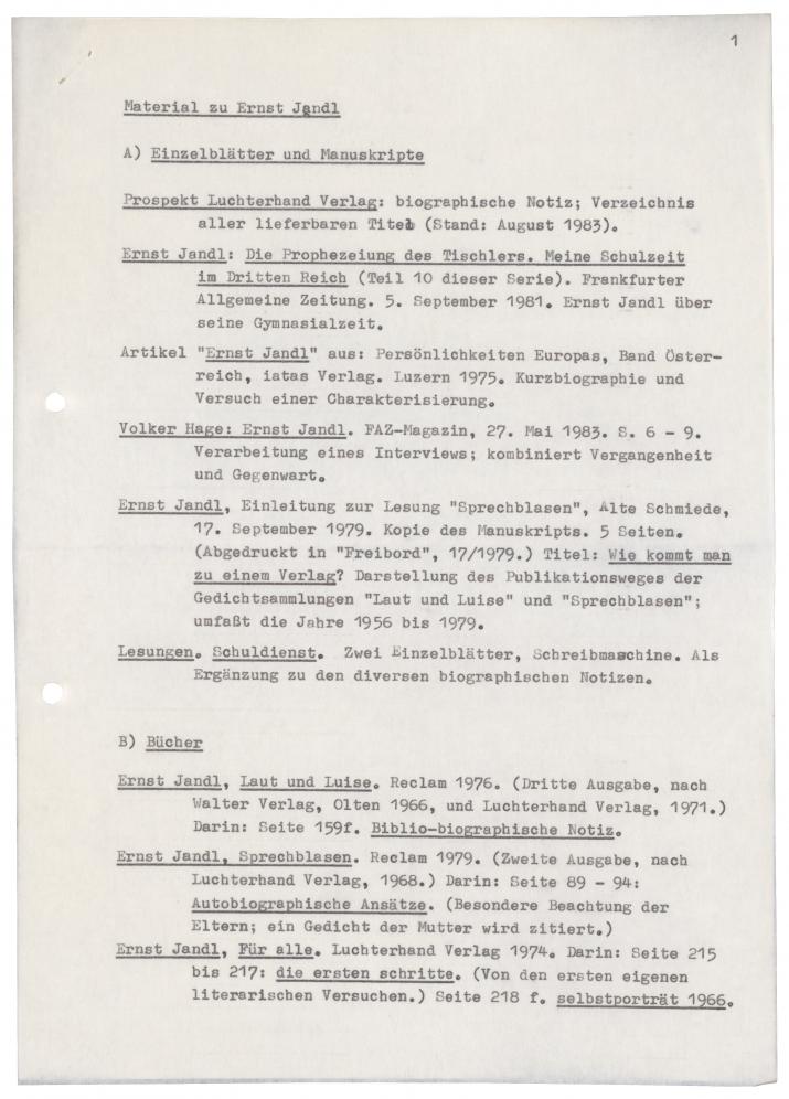 Biobibliographie Ernst Jandl, 1980er Jahre (Literaturarchiv der Österreichischen Nationalbibliothek, Nachlass Ernst Jandl, ÖLA 139/99)