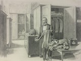Der Kammerdiener Eugen Ketterl bei seiner Arbeit in der Uniformengarderobe Franz Josephs I.
Bleistiftzeichnung von Theodor Zasche, 
vor 1898