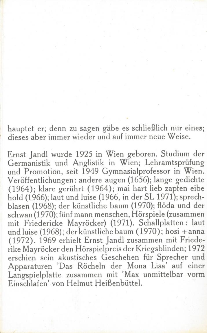 Ernst Jandl: Dingfest, Luchterhand 1973, Rückseite