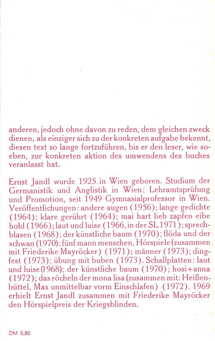 Ernst Jandl: serienfuss, Luchterhand 1974, Rückseite