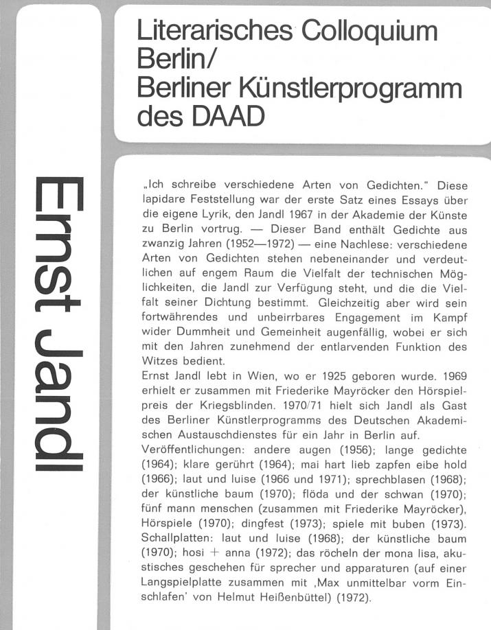 Ernst Jandl: wischen möchten, LCB-Editionen 1974, Rückseite