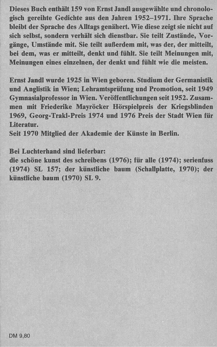 Ernst Jandl: Dingfest, Luchterhand 1973, 2. Auflage 1978, Rückseite