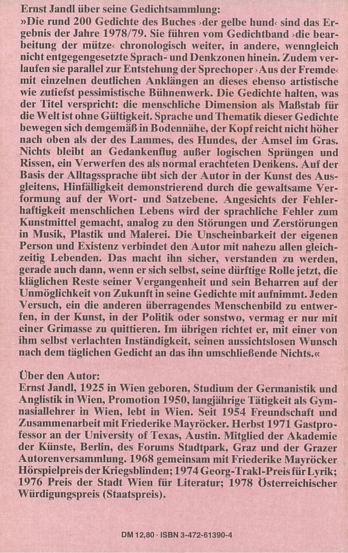Ernst Jandl: der gelbe hund, Luchterhand 1982, Rückseite