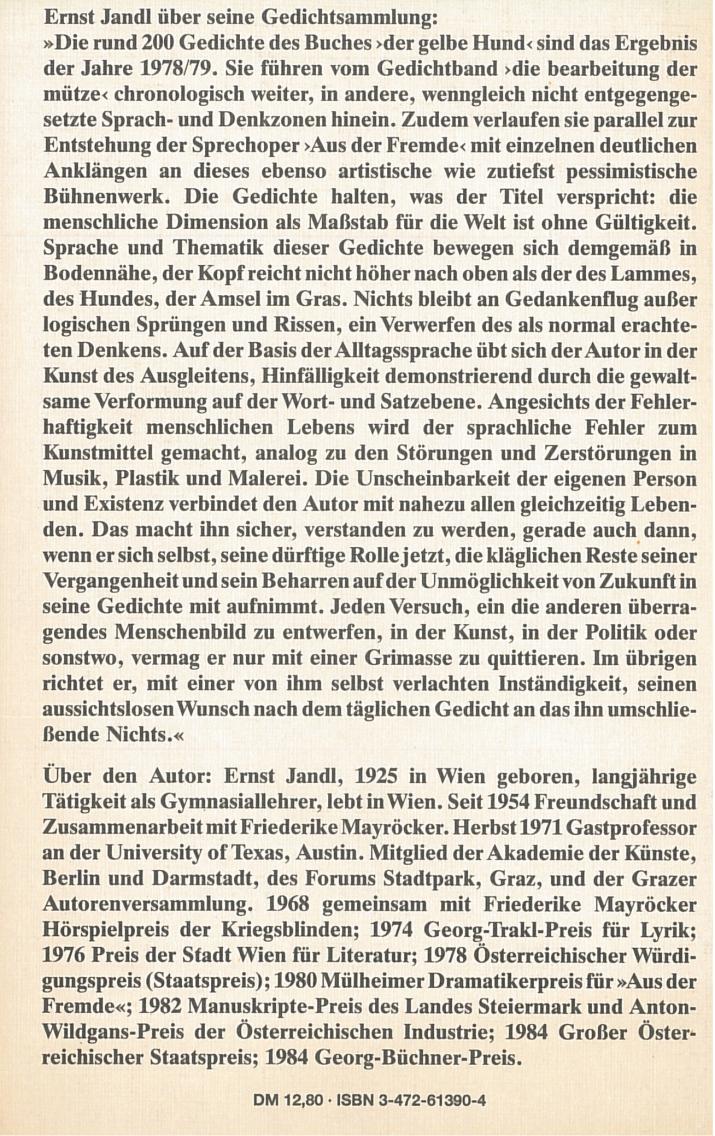 Ernst Jandl: der gelbe hund, Luchterhand 1982, 2. Auflage 1985, Rückseite