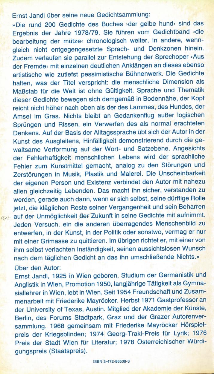 Ernst Jandl: der gelbe hund, Luchterhand 1980, Rückseite