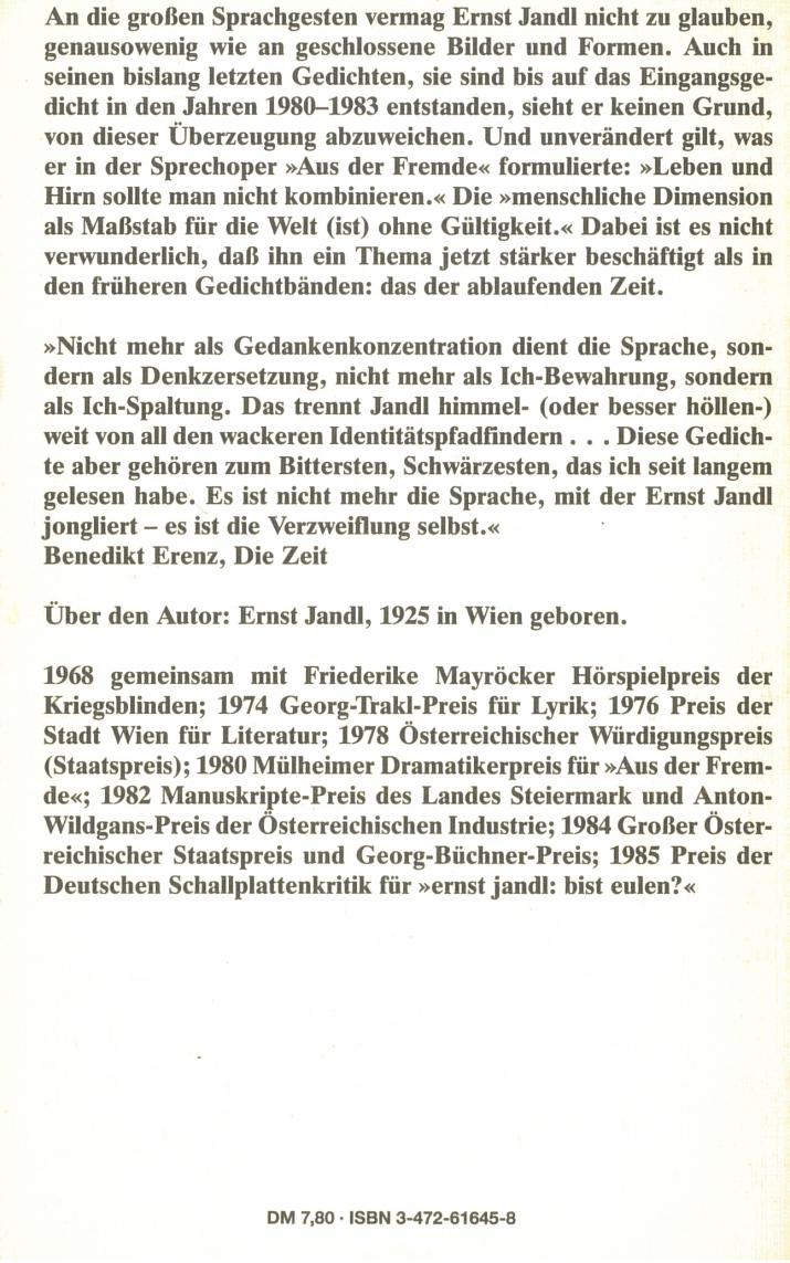 Ernst Jandl: selbstporträt des schachspielers als trinkende uhr, Luchterhand 1986,Rückseite