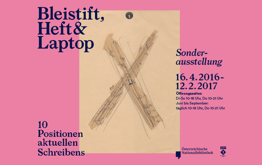 Plakat Ausstellung Bleistift, Heft und Laptop, Literaturmuseum