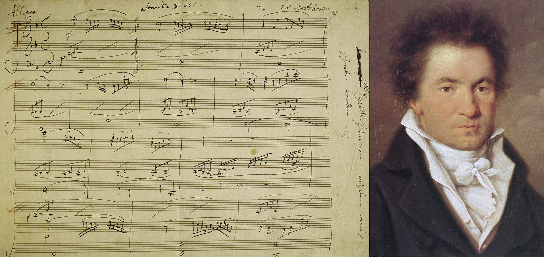 Portrait Ludwig van Beethoven und handschriftliche Partitur "Violinkonzert op. 61"