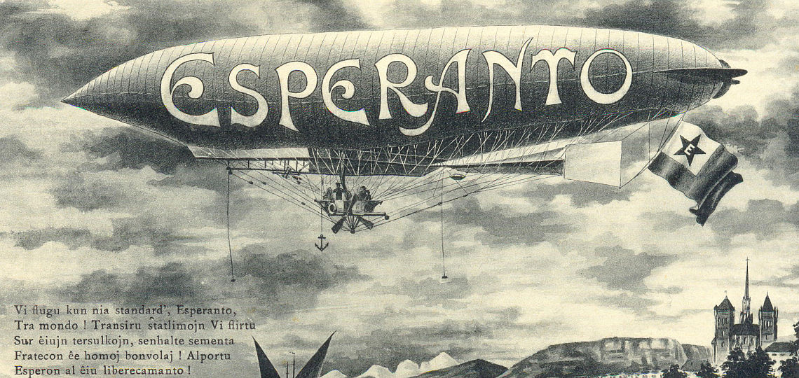 Zeppelin with the inscription "Esperanto", old picture postcard