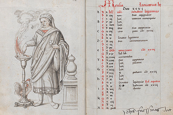 6th personification of January and calendar sheet with ownership comment of the humanist Johannes Fuchsmagen