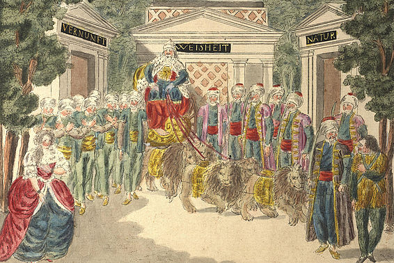 Szenenbild von Mozarts „Zauberflöte“, 1. Akt, 18. Auftritt, „Es lebe Sarastro“, Kolorierter Kupferstich von Joseph Schaffer, um 1794 – © Österreichische Nationalbibliothek