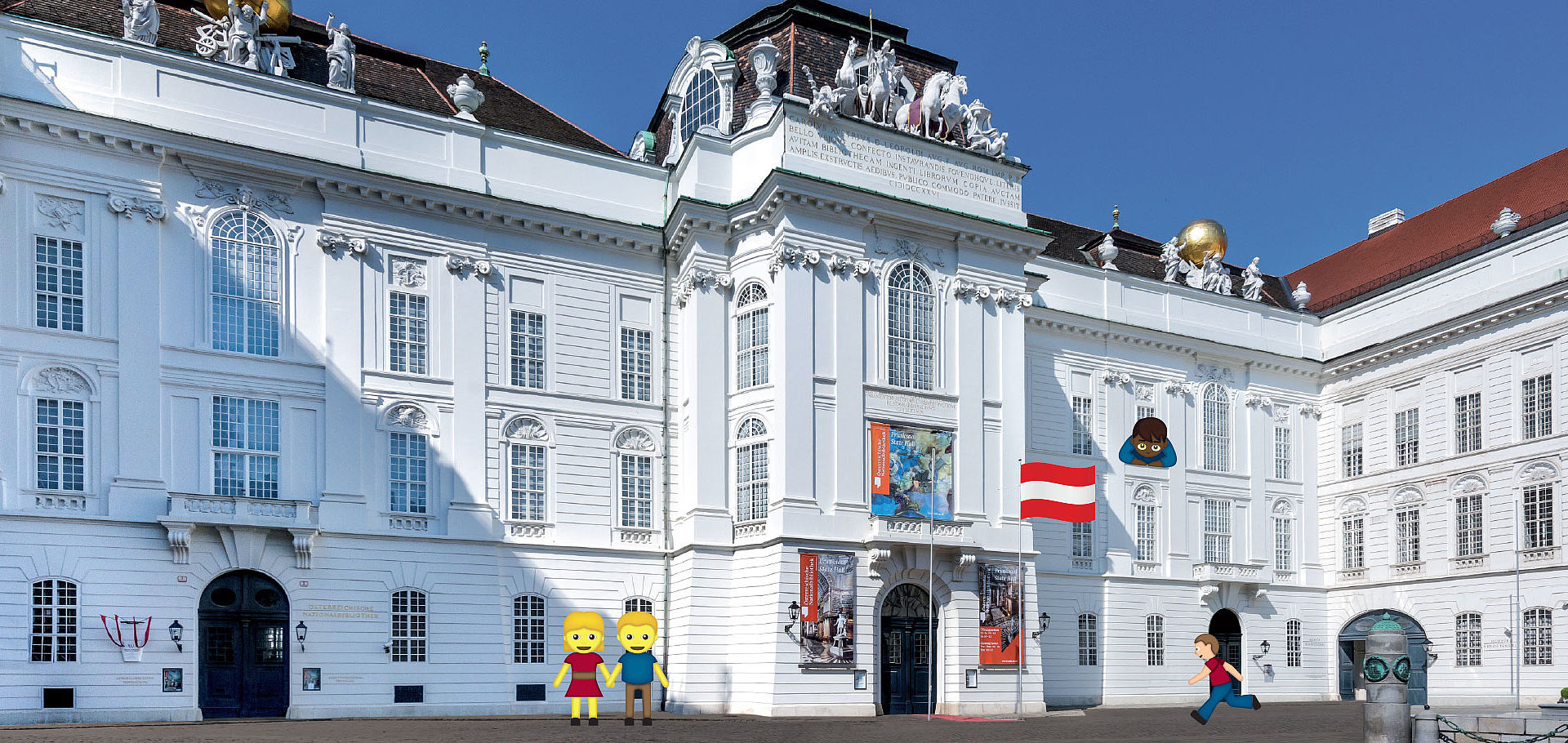 ÖNB-Fassade Josefsplatz mit Comicfiguren