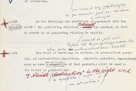 Ludwig Wittgensteins „Tractatus logico-philosophicus“, Typoskriptblatt mit Kommentaren Ludwig Wittgensteins und Charles Kay Ogdens, einem der Übersetzer des Tractatus ins Englische, 1922 – © Österreichische Nationalbibliothek