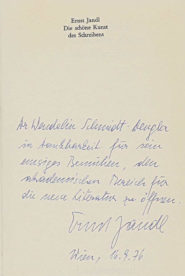 Widmung von Ernst Jandl in seinem Buch "Die schöne Kunst des Schreibens"