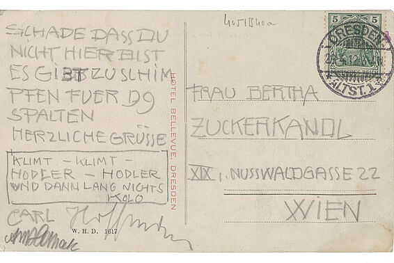 Postkarte von Koloman Moser, Josef Hoffmann, Carl Moll und Anton Hanak an Berta Zuckerkandl, 29. April 1912 – © Österreichische Nationalbibliothek