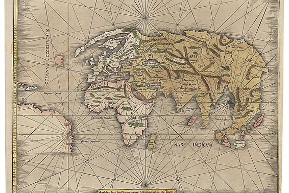 Weltkarte mit der Küste Brasiliens, Geographia, Claudius Ptolemäus [Straßburg, 1513]