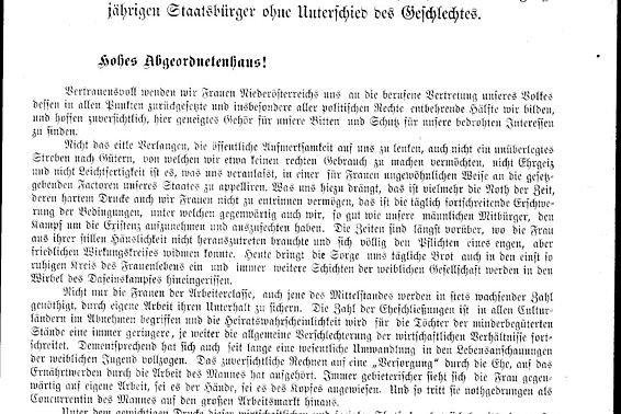 Petition für das Frauenwahlrecht an das Abgeordnetenhaus, Sitzung am 25. Mai 1891, Seite 479; <a href="http://alex.onb.ac.at/cgi-content/alex?aid=spa&datum=0011&page=1521&size=45" target=_blank> » zum Volltext</a>