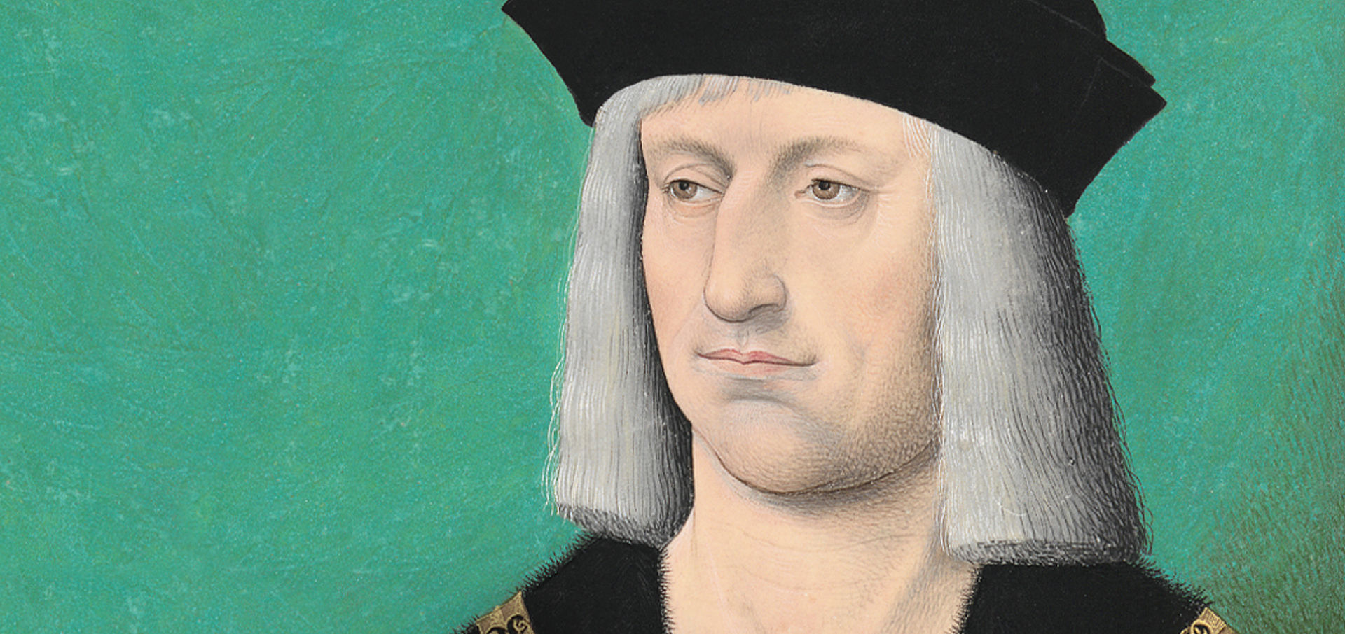 Portrait Maximilian I., mit Hinweis auf Starttermin der Ausstellung (15. März)
