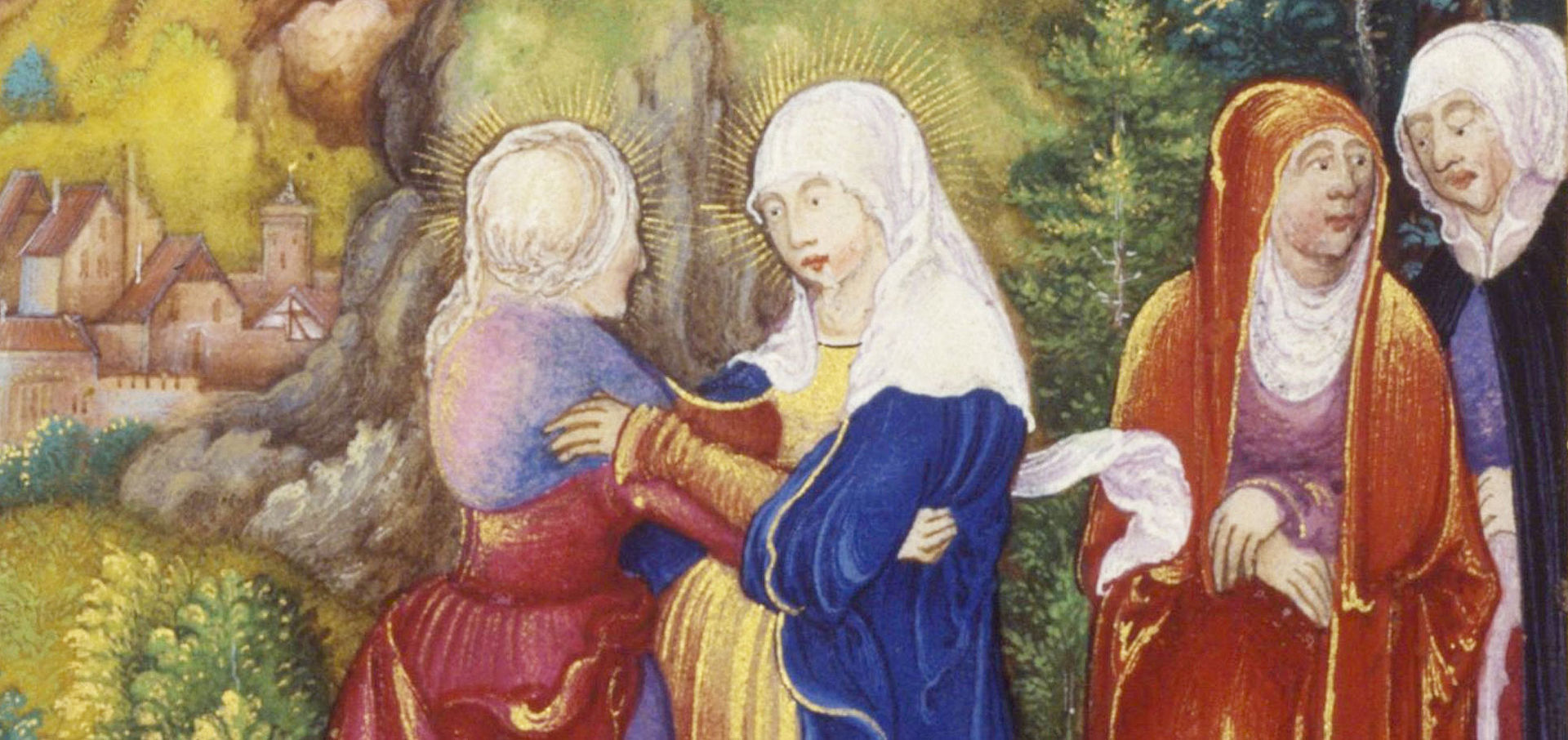 Ausschnitt aus Glockendons Gebetbuch. 2 Frauen, mittelalterlich gekleidet, halten sich an den Händen
