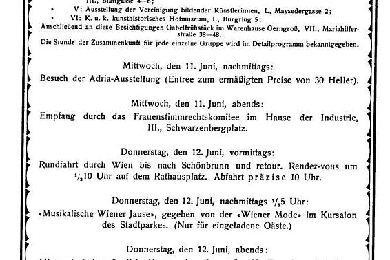 Programm der Internationalen Frauenstimmrechtskonferenz in Wien vom 11. und 12. Juni 1913; aus: Das Frauenstimmrecht. Festschrift. Wien 1913, Seite ii; <a href="http://www.literature.at/viewer.alo?objid=1041&viewmode=fullscreen&scale=3.33&rotate=&page=2" 