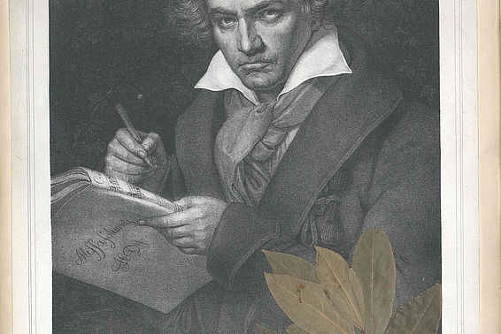 Beethoven, an der Missa solemnis schreibend Mit einem getrockneten Lorbeerzweig aus Beethovens Sterbezimmer Lithografie von Josef Kriehuber nach einem Gemälde von Josef Karl Stieler, um 1840 – © Österreichische Nationalbibliothek