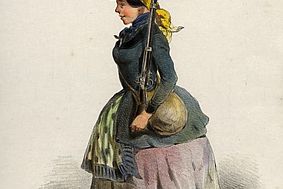 Bewaffnete junge Frau mit einem Hut der Akademischen Legion, aus: Erinnerungsbilder aus Wiens October-Tagen 1848 von Anton Zampis. Wien, 1848