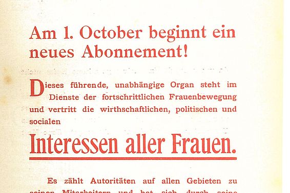 Werbeflugblatt; aus: Dokumente der Frauen, Bd. 2, Nr. 14, 1. Oktober 1899; <a href="http://data.onb.ac.at/rec/AC09816119" target=_blank> » zur Quelle</a>