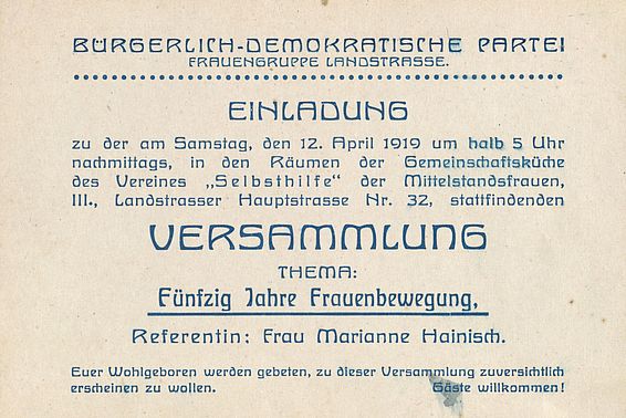 Versammlung zu Fünfzig Jahre Frauenbewegung, Referentin: Marianne Hainisch; Werbeblatt der Bürgerlich-demokratischen Partei, 1919
