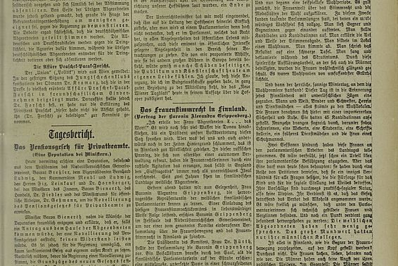 Das Frauenstimmrecht in Finnland : Vortrag der Baronin Alexandra Grippenberg. In: Neues Wiener Abendblatt, 42. Jg., Nr. 132, Ausgabe 13. Mai 1908, Seite 3