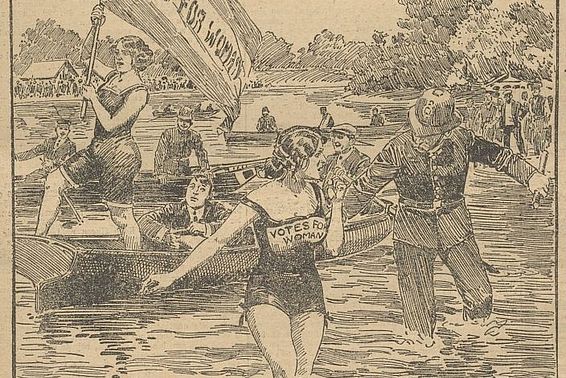 Suffragetten im Schwimmkostüm. Eine sonderbare Demonstration für das Frauenstimmrecht,  Illustrierte Kronen-Zeitung, 15. Jg., Nr. 5158, Ausgabe 14. Mai 1914, Seite 1, Ausschnitt