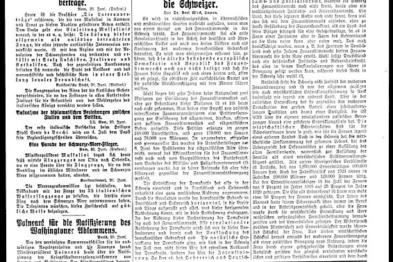 Wick, Karl: Das Frauenstimmrecht und die Schweizer. In: Reichspost, 36. Jg., Nr. 170, Ausgabe 21. Juni 1929, Seite 1-2