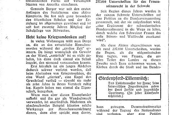 237.000 Unterschriften für das Frauenstimmrecht in der Schweiz. In: Die Frau, 38. Jg., Nr. 12, Ausgabe 1. Dezember 1929, Seite 14