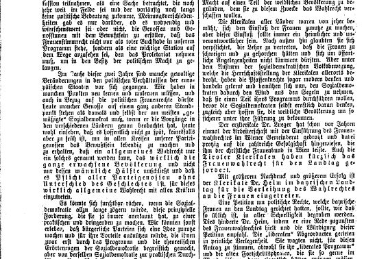 Schlesinger, Therese: Das Wahlrecht der Frauen und die politischen Parteien. In: Arbeiterinnen-Zeitung, 14. Jg., Nr. 24, Ausgabe 28. November 1905, Seite 2-3