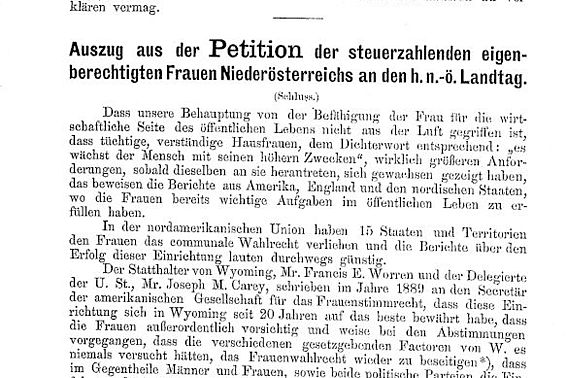 Auszug aus der Petition der steuerzahlenden eigenberechtigten Frauen Niederösterreichs an den h.n.-ö. Landtag; aus: Neuzeit (vormals: Lehrerinnen-Wart), Nr. 1, 10. Jänner 1891, Seite 8-11