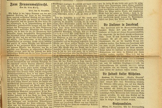 Seitz, Alma: Zum Frauenwahlrecht. In: Wiener Neueste Nachrichten, 25. Jg., Nr. 47, Montag-Frühblatt 25. November 1918, Seite 1