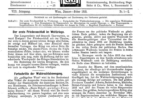 Fortschritte der Wahlrechtsbewegung; aus: Zeitschrift für Frauenstimmrecht, 8. Jg., Nr. 1-2, Jänner-Feber 1918, Seite 1-3