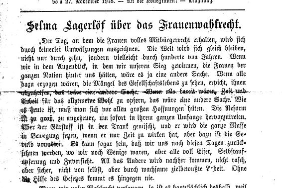 Selma Lagerlöf über das Frauenwahlrecht; aus: Mitteilungen des Vereines der Lehrerinnen und Erzieherinnen in Österreich, Nr. 7, Dezember 1918, Seite 1-2