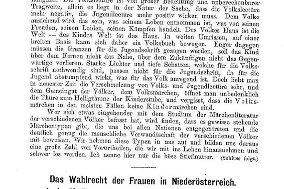 M. N.: Das Wahlrecht der Frauen in Niederösterreich; aus: Neuzeit (vormals: Lehrerinnen-Wart), Nr. 1, 10. Jänner 1891, Seite 6-8