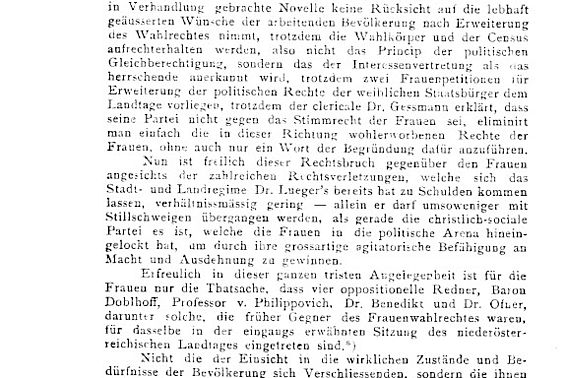 Das Frauenwahlrecht im niederösterreichischen Landtag; aus: Dokumente der Frauen, Bd. 1, Nr. 6, 1. Juni 1899, Seite 158
