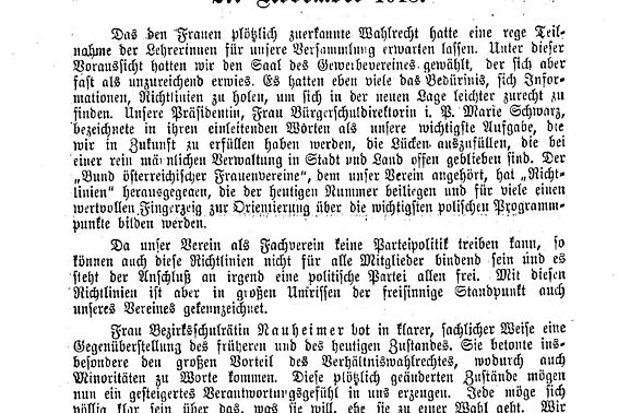 Bericht über die Vollversammlun vom 27. November 1918; aus: Mitteilungen des Vereines der Lehrerinnen und Erzieherinnen in Österreich, Nr. 7, Dezember 1918, Seite 2-3