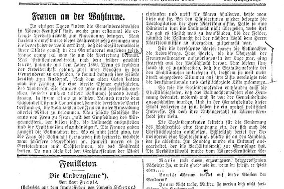 Frauen an der Wahlurne; aus: Arbeiterinnen-Zeitung, 22. Jg., Nr. 2, 21. Jänner 1913, Seite 1-2