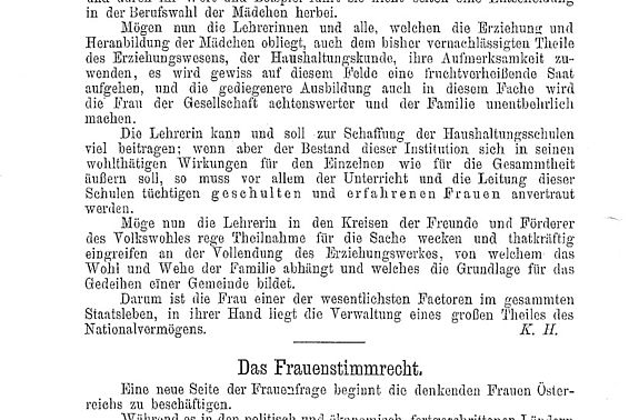Fickert, Auguste: Das Frauenstimmrecht. In: Mitteilungen des Vereines der Lehrerinnen und Erzieherinnen in Österreich, Nr. 7, Ausgabe 15. September 1890, Seite 4-6