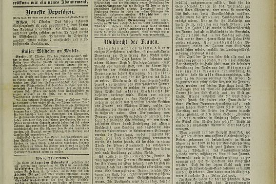 Wahlrecht der Frauen. In: Neuigkeits-Welt-Blatt, Nr. 248, Ausgabe 28. Oktober 1890, Seite 1
