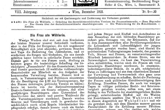 Fürth, Ernestine von: Die Frau als Wählerin. In: Zeitschrift für Frauenstimmrecht, 8. Jg., Nr. 9-10, Ausgabe Dezember 1918, Seite 1-2