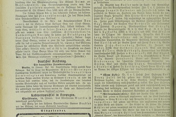 Debatten über das Frauenstimmrecht in England; aus: Fremden-Blatt (Morgen-Ausgabe), 67. Jg., Nr. 24, 25. Jänner 1913, Seite 8