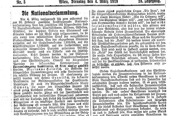 Die Nationalversammlung; aus: Arbeiterinnen-Zeitung, 28. Jg., Nr. 5, 4. März 1919, Seite 1