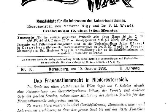 Das Frauenstimmrecht in Niederösterreich. In: Der Lehrerinnen-Wart, 2. Jg., Nr. 10, Ausgabe 10. Oktober 1890, Seite 1-2