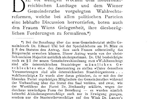 Fickert, Auguste: Das Frauenwahlrecht in Östereich. In: Dokumente der Frauen, Bd. 1, Nr. 3, Ausgabe 15. April 1899, Seite 1-7