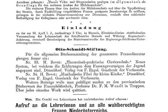 Aufruf an die Lehrerinnen und an alle wahlberechtigten Frauen Niederösterreichs. Colleginnen! aus: Der Lehrerinnen-Wart, 2. Jg., Nr. 4, 10. April 1890, Seite 103-104