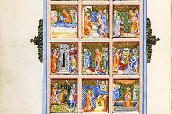 Evangeliar des Johannes von Troppau, vol 1v., mit den vier Wappen der Länder Albrechts III. 